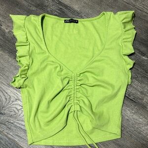 Zara Flutter Sleeve Crop Top - L - Green